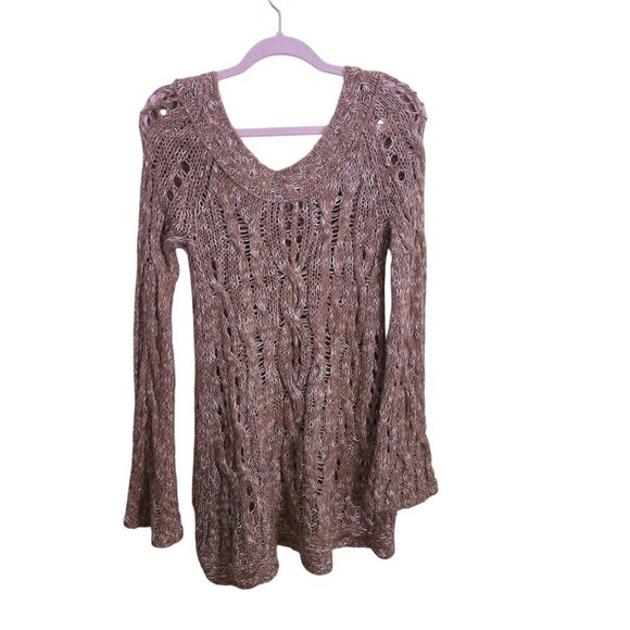 Free People Open CableKnit Bell Sleeve Marled Mauve Alpaca Blend Sweater Size S - Picture 3 of 6